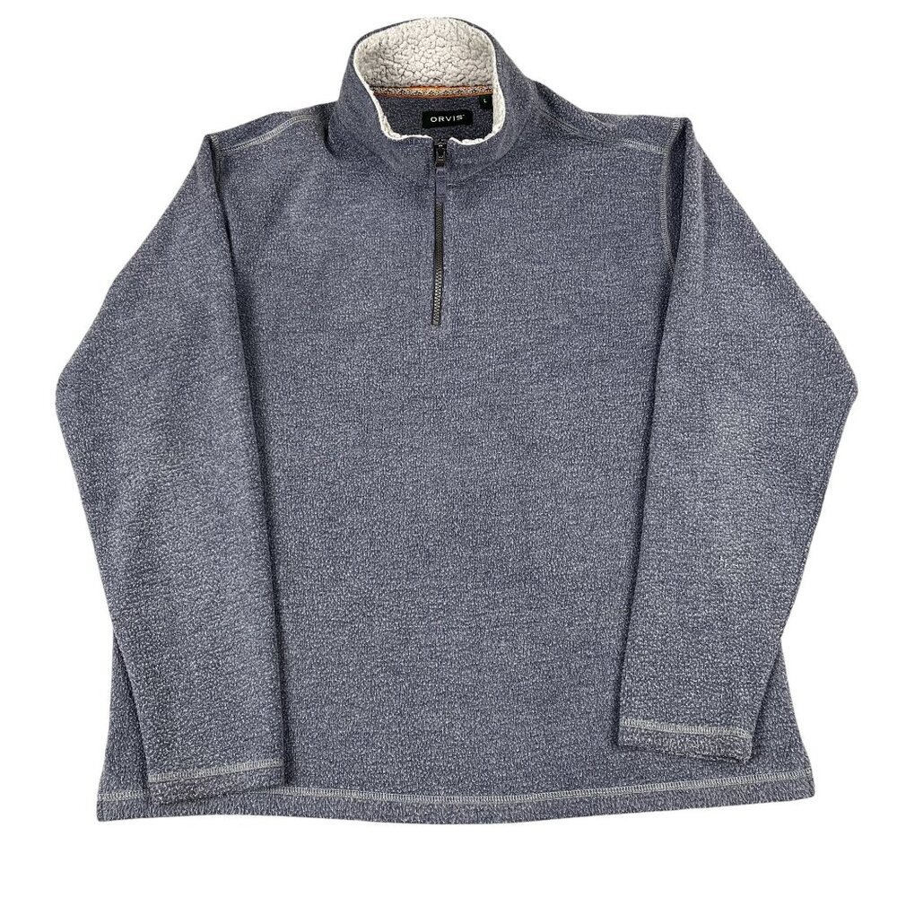 Orvis Pullover Mens Large Blue Quarter Zip Fleece Sherpa Lined Collar Marl